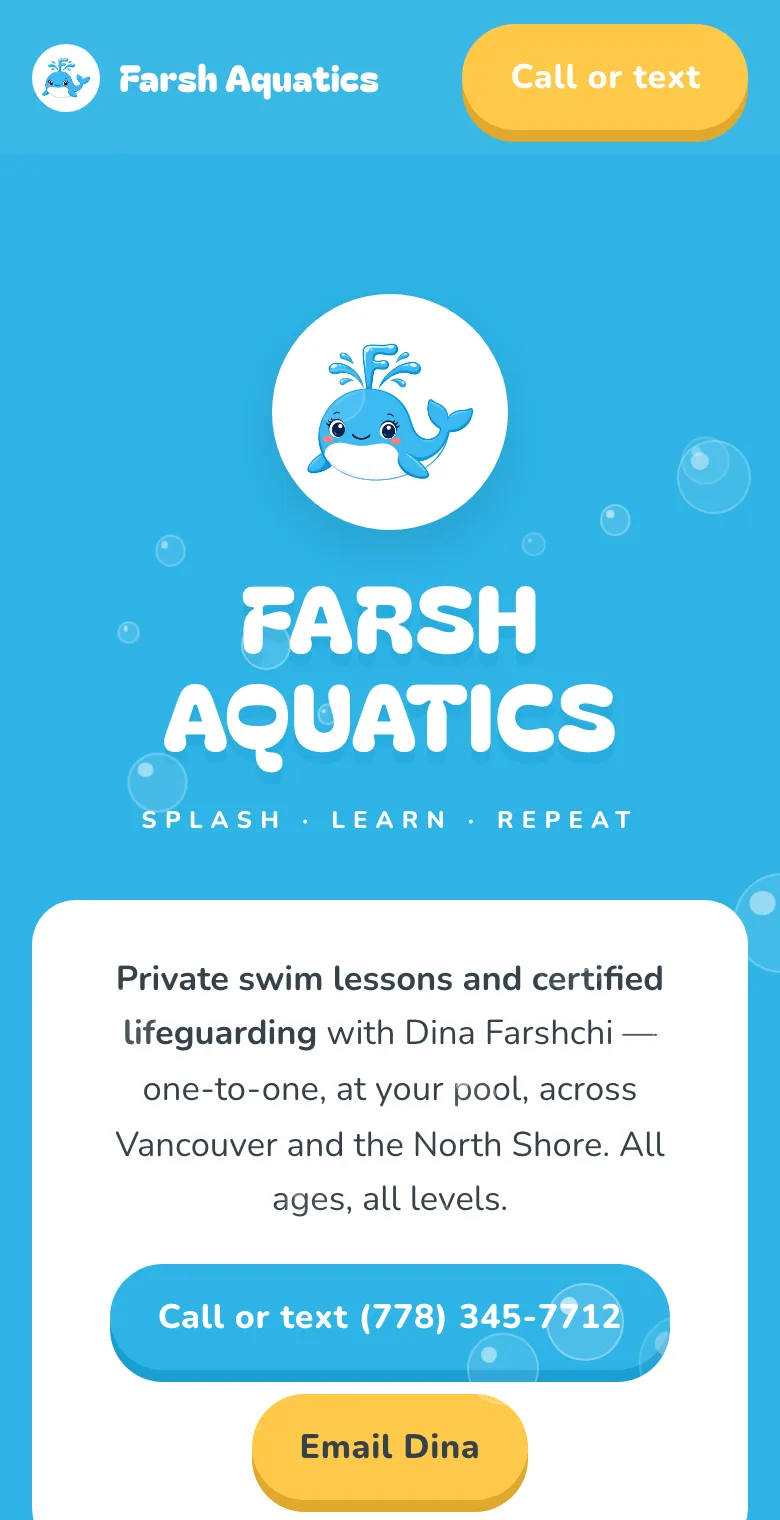 The Farsh Aquatics home page: a bright blue page with the logo, the business name, a short introduction, and call and email buttons.